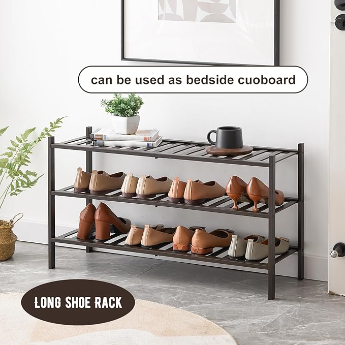 Long Shoe Rack, 3-Tier Bamboo Stackable Shoe Shelf Storage Organizer, Shoe Stand for Closet, Entryway and Hallway-NeatNest