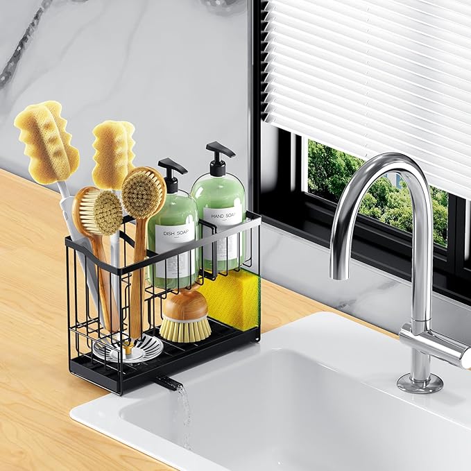 2 Tier Sponge Holder for Kitchen Sink Caddy with High Brush Holder, Kitchen Countertop Organizer and Storage Essential, Soap Dispenser Organize with Drain Tray-NeatNest