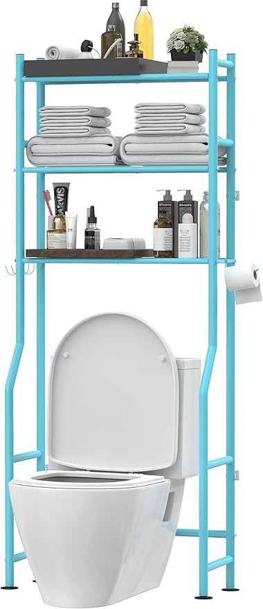 3-Tier Over The Toilet Storage, Freestanding Metal Bathroom Shelves with 4 Hooks, Over Toilet Storage Shelf with Paper Holder, Above The Toilet Shelf for Bathroom Storage, Blue-NeatNest