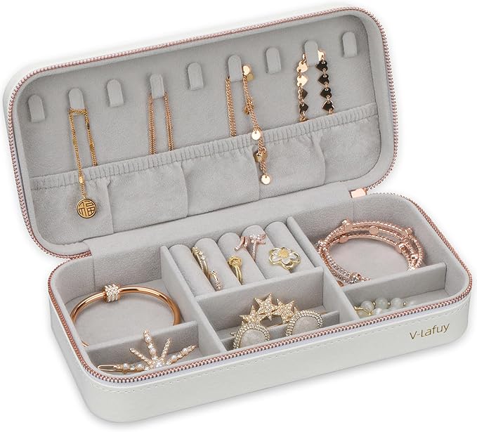 Jewelry Box Small Jewelry Boxes, PU Leather Portable Travel Jewelry Case, Large Capacity for Rings Earrings Necklaces Bracelets Watch, White C-NeatNest