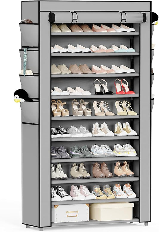 Mavivegue Shoe Rack with Cover, 10 Tier Tall Shoe Storage for 50-55 Pairs of Shoes, Shoe Organizer for Entryway, Closet, Garage, Grey-NeatNest
