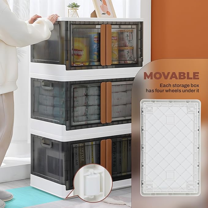 3 Pack 8.4 Gallon Collapsible Storage Boxes, Lidded Storage Box with Door and Wheels for Books, Towels and Clothes, Folding Storage Box for Home, White
