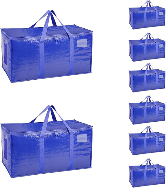 Extra Large Heavy Duty Moving Bags - Waterproof Storage Totes with Reinforced Handles & Zippers, Foldable for College Dorm Essentials, Clothes Storage & Travel (8-Pack Blue)
