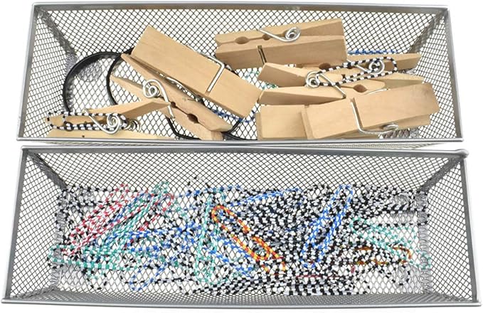 HAHIYO Stackable Mesh Tray Cup 9 x 3 x 2 inches Sturdy Container for Desk Drawer Organizer Collection for Home Office School kitchen Soft Foam Feet No Sharp Edges 2 Pack Silver-NeatNest