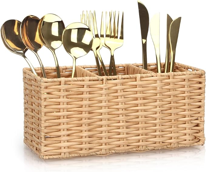 Ayiaren Wicker Flatware Silverware Caddy Cutlery Holder Kitchen Silverware Organizer Storage for Countertop Small Utensil Holders Party Table Spoon Knives Fork Holder Flatware Utensils Caddy Basket-NeatNest