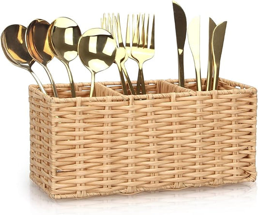 Ayiaren Wicker Flatware Silverware Caddy Cutlery Holder Kitchen Silverware Organizer Storage for Countertop Small Utensil Holders Party Table Spoon Knives Fork Holder Flatware Utensils Caddy Basket-NeatNest