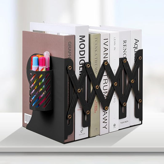 Honagu Adjustable Bookends, Metal Book Ends for Shelves Heavy Book, Desk Magazine File Organizer for Home, Office, Books, Papers, Extends up to 19 inches with Pen Holder (Black)