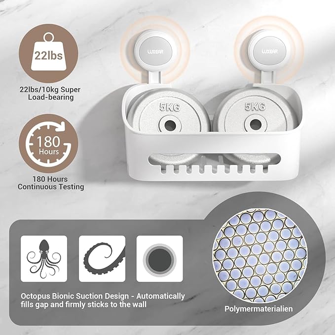 LUXEAR 3 Packs Shower Caddy Suction Cup Set - Shower Shelf+Soap Dish+Toothbrush Holder - 1 Second Installation NO-Drilling Removable Powerful Waterproof Shower Organizer for inside Shower Bathroom