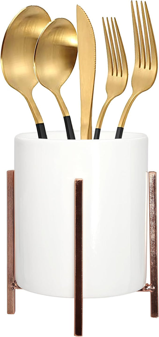 Ceramic Flatware Caddy, Silverware Caddy Cutlery Holder, Round Utensil Crock, Kitchen Utensil Holder for Countertop, Solid White Cup and Rose Metal Bracket, 1 Pcs-NeatNest