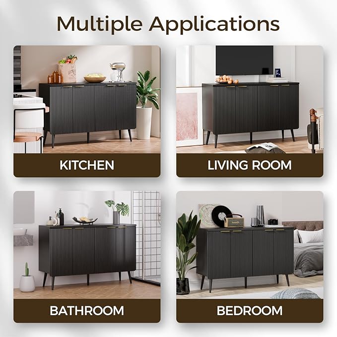 47.2" Sideboard Buffet Cabinet with Storage, Modern Fluted Accent Credenza with 4 Doors, Buffet Media Console Entryway Cabinets with Adjustable Shelves for Living Dining Room Hallway, Black-NeatNest