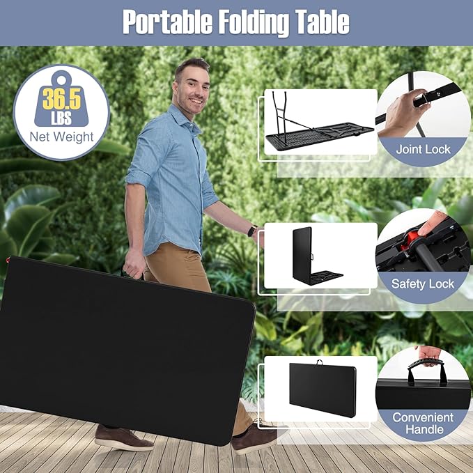 Goplus 8ft Plastic Folding Table, 350 LBS Outdoor Heavy Duty Folding Tables with HDPE Tabletop, Handle, Lock, Foldable Rectangle Portable Utility Card Table for Picnic, Party, Camping, Dining-NeatNest