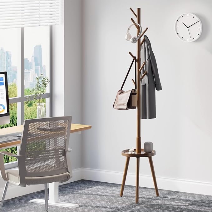 GREENSTELL Coat Rack with 8 Hooks, Wooden Coat Rack Freestanding with Shelf, Coat Tree with 4 Height Options 50.5"-72.6", Coat Hanger Stand for Bags, Clothes, Umbrellas, Hats, in Home, Brown-NeatNest