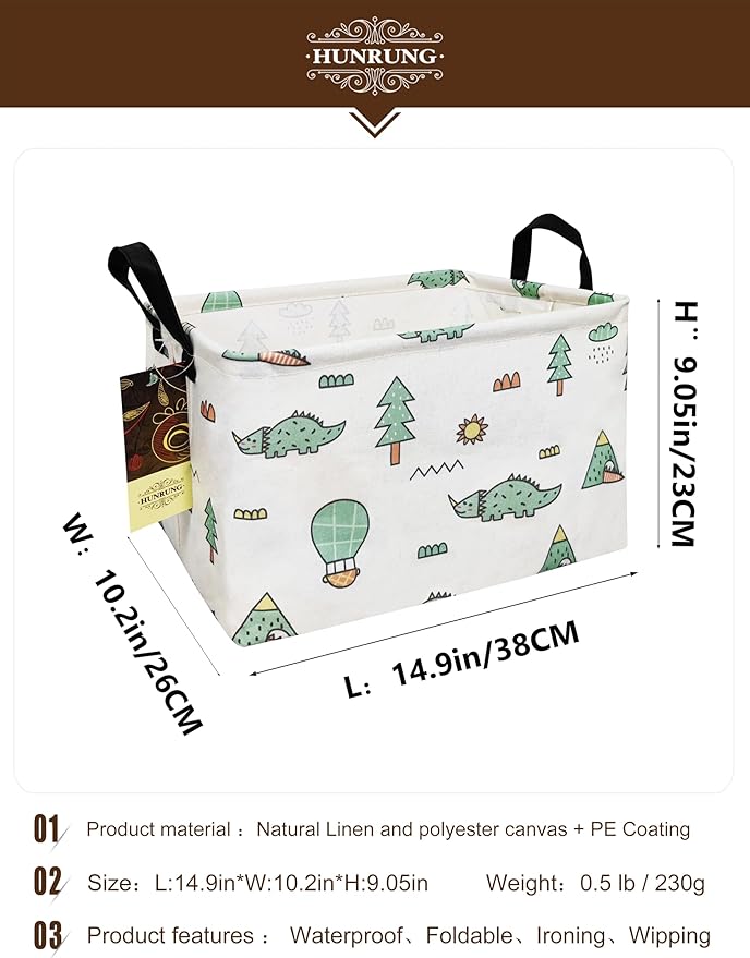 HUNRUNG Rectangle Storage Basket Cute Canvas Organizer Bin for Pet/Children Toys, Books, Clothes Perfect for Rooms/Playroom(REC-Green-Pine Dinosaur)