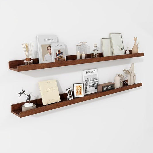 Floating Shelves for Wall 48 Inch | Picture Ledge Shelf Set of 2 | Solid Ash Wood Floating Shelves with Lip | Dark Wood Picture Shelf for Wall with Ledge | Photo Ledge Shelves-NeatNest