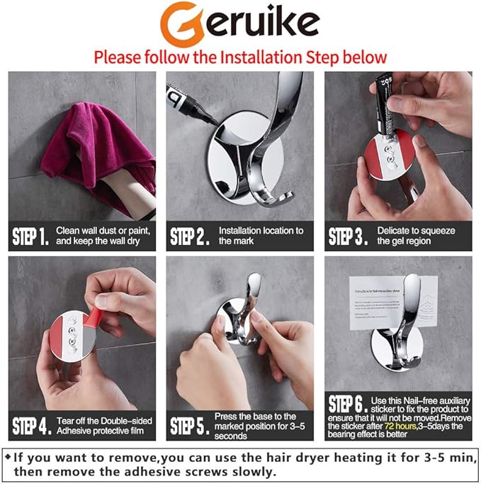 GERUIKE Adhesive Towel Hooks Stainless Steel Self Adhesive Robe Coat Hook for Bathroom Kitchen Wall Mounted Door Clothes Hook No Screws Damage Free