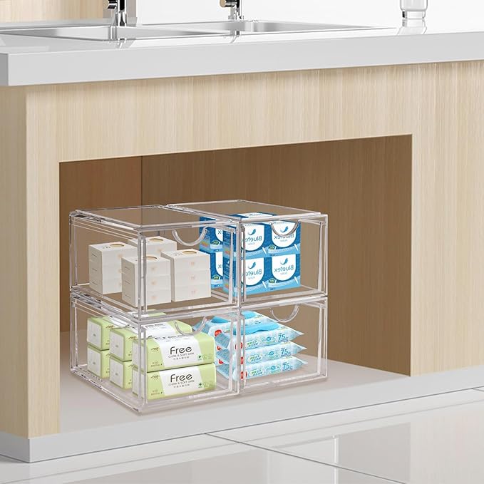 AMEITECH 2 Pack Clear Stackable Storage Drawer, Bathroom Makeup Organizer, Plastic Storage Bins, Acrylic Organization and Storage for Vanity, Kitchen Cabinets, Pantry, Undersink