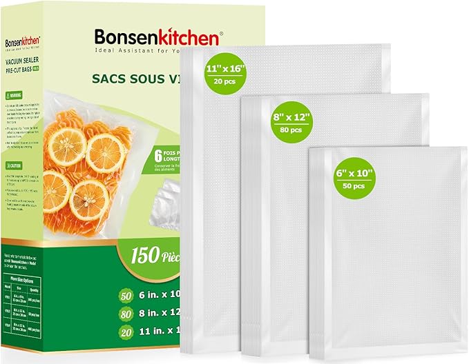 Bonsenkitchen Precut Vacuum Sealer Bags, 20 Gallon 11" x 16"+ 80 Quart 8" x 12"+ 50 Pint 6" x 10", Commercial Grade, BPA Free, Food Sealer Bags for Vac Storage, Meal Prep or Sous Vide Cooking, VB15-NeatNest