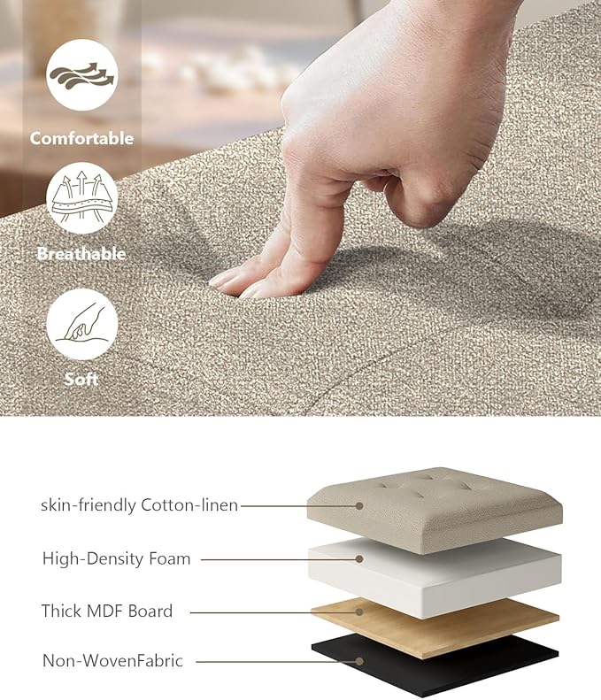 Folding Storage Ottoman Bench, Multi-Functional Ottoman Footrest, End of Bed Bench, Storage Chest for Living Room, Bedroom, Hallway, Entryway, Holds Up to 700 lbs (Beige, 15 Inches)
