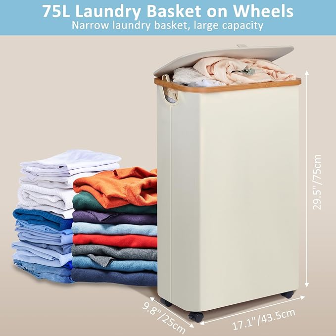 efluky Slim Laundry Basket with Wheels, Narrow Rolling Laundry Hamper with Lid and Removable Bag, Aesthetic Dirty Clothes Hamper on Wheels for Laundry Room, Bedroom, Dorm and Bathroom, 75L Beige-NeatNest