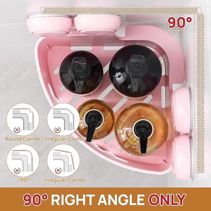 LEVERLOC Corner Shower Caddy Suction Cup, Shower Caddy Basket Powerful Suction Bathroom, Waterproof & Rustproof Organizer for Bathroom Storage, No-Drilling Removable (Pink)