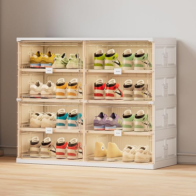 JEKO&JEKO 4 Tiers Foldable Shoe Rack Organizer Cabinet for Closet Entryway, Large Collapsible Shoe Storage Box with Magnetic Doors Fits Up to 16 Pairs (White)-NeatNest