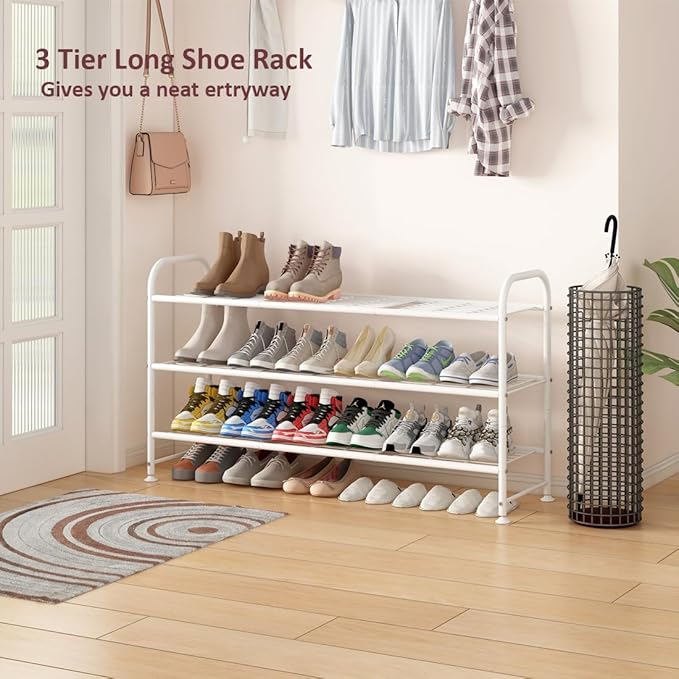 LINZINAR Shoe Rack Long 3 Tier Shoe Storage Organizer Metal Wide Shoe Shelf for Closet Entryway Bedroom 24 Paris Large Capacity, Black (White, 3-Tier)