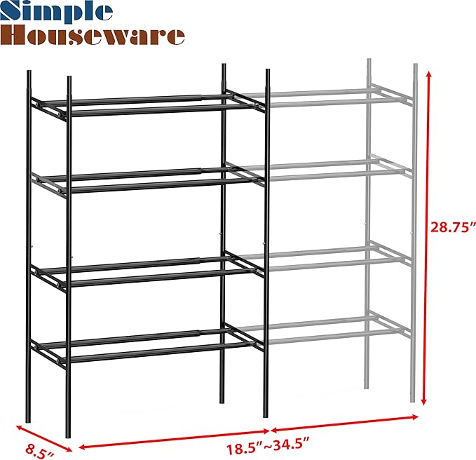 Simple Houseware 4-Tier Expandable and Stackable Shoe Racks with Shelves for 16 Pairs of Shoes, Black-NeatNest