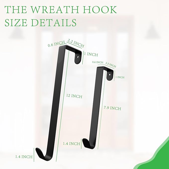 12 & 8 Inch Heavy Duty Wreath Hooks 4 Pack - Holds 50 lbs! No Drill Storm Door Hangers, Steel Over Door Hooks for Holiday Decor, Fits Door Tops 1"-2.2" Thick (Black)