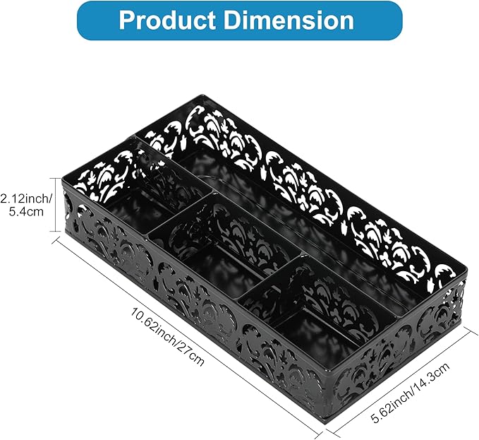 EasyPAG Desk Drawer Organizer with 4 Compartments, Carved Hollow Floral Metal Tray for Office, Jewelry, Cosmetics - No Assembly, Black-NeatNest