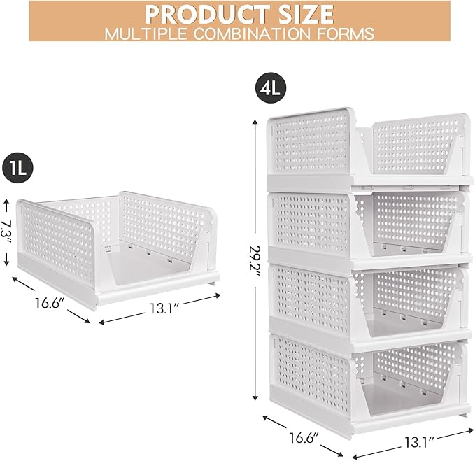4 Pack Stackable Closet Storage Basket - Stackable Storage Bins, Multifunctional & Foldable Closet Organizer, Wardrobe Cupboard Space-Saving Clothes Storage Hat Organizer, White-NeatNest