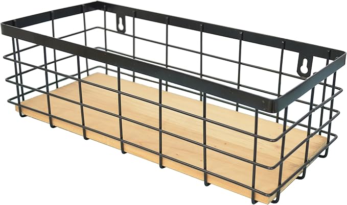 Metal Wire Basket Detachable Wood Base Storage Organizer Farmhouse Bin for Kitchen Cabinets, Bathroom, Pantry, Laundry Room, Closets，1 Pack in Black Color,Medium Size