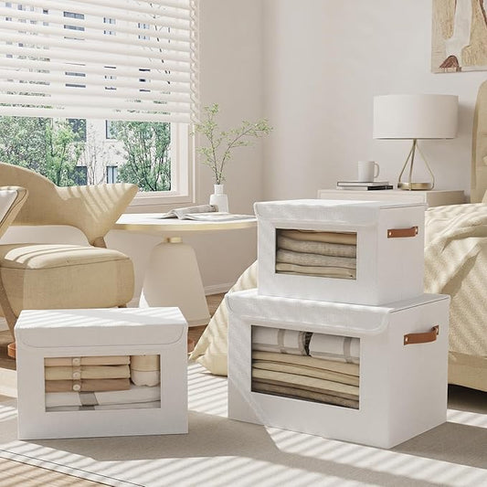 Clothes Boxes, Decorative Linen Closet Organizers Bins, Blanket Baskets for Shelves with Lids, Storage Cubes with Handles, 17.7 x 11.8 x 11.8 inch, White, 1-Pack-NeatNest