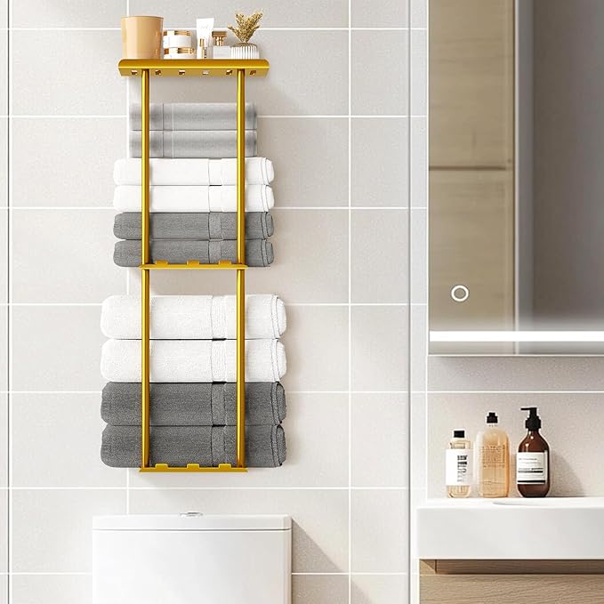 Towel Racks for Bathroom, 3 Tier Metal Towel Holder, with Shelf & 6 Hooks, 29 inch Wall Mounted Towel Storage, 6 Large Bath Towels Capacity,Small Bathroom Towel Rack for Rolled Towels, Gold