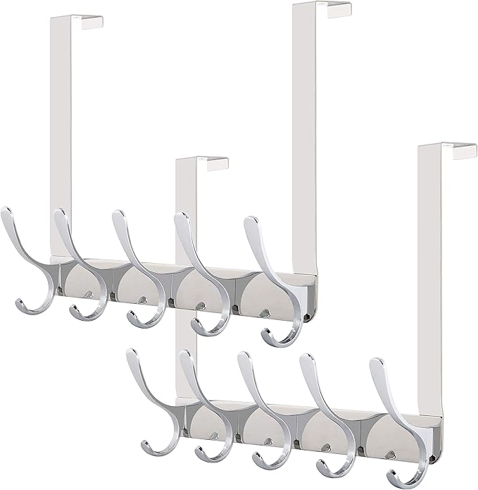 WEBI Over The Door Hook 5 Coat Hooks,Over The Door Towel Rack,Door Hanger Over Door Coat Rack for Hanging Towels,Clothes,Bathroom,Chrome,2 Packs