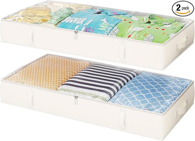 2-Pack Under Bed Storage, 6 Inches Tall Closet Organizers and Storage Bins with Sturdy Sidewalls/Bottom/4 Handles, Beige-NeatNest