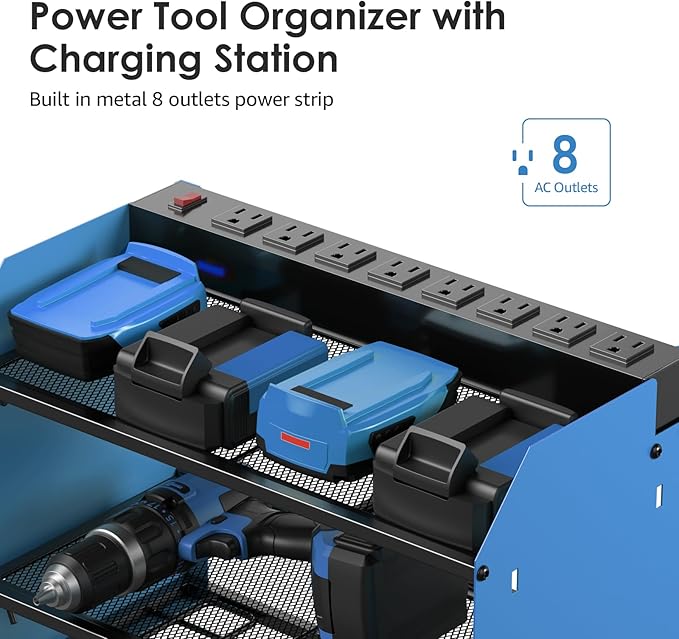 CCCEI Set Power Tool Organizer Wall Mount with Charging Station. Garage 4 Drill Storage Shelf with Hooks, Heavy Duty Metal Tool Battery Charger Organizer. Shop Utility Rack with Power Strip Blue.-NeatNest
