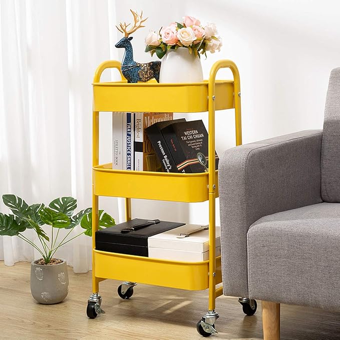AGTEK Makeup Cart, Movable Rolling Organizer Cart, 3 Tier Metal Utility Cart, Yellow-NeatNest