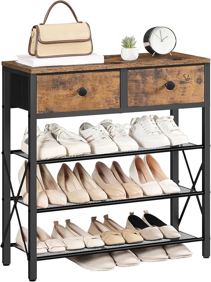 4 Tier Shoe Rack, Large Capacity Shoe Storage Organizer, Metal Shoe Shelf with Drawer and Wooden Top, for 16 Pairs of Shoes, for Entryway, Closet, Rustic Brown and Black SS24BR-NeatNest