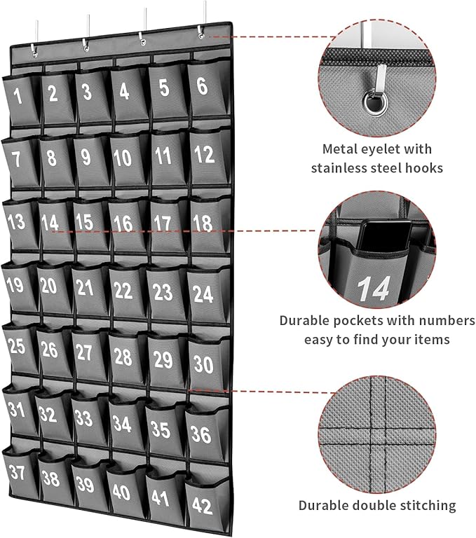 42 Pockets Numbered Classroom Pocket Chart for Cell Phones, Hanging Pocket Chart Storage for Classroom Phone Calculator Holder with 4 Hooks and 42 Clear Numbers Printing (Grey-42pockets)-NeatNest