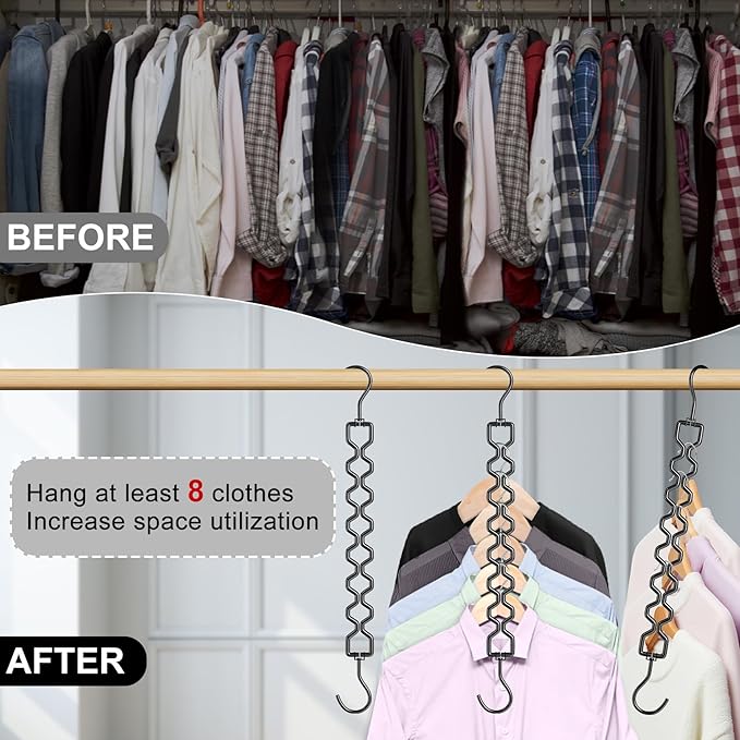 12 Pack Space Saving Hangers for Clothes, Heavy Duty 30Lbs Capacity Magic Collapsible Clothes Space Saver Metal Hanger Organizer with 360° Swivel Hook, Closet Organizers Dorm Room Essentials Black-NeatNest