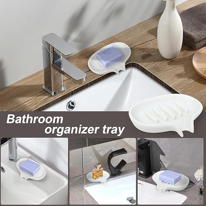 2 Pcs Soap Dish with Drain- Self Draining Bar Soap Holder for Shower, Marble Look Soap Savers Soap Tray Sponge Holder for Kitchen, Bathroom, Bathtub Sink, Crystal White-NeatNest