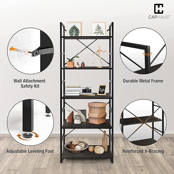 CAPHAUS 6 Tier Bookshelf, 24 Inch Width Free Standing Shelf, Bookcase Shelf Storage Organizer, Industrial Book Shelves for Home Office, Living Room, Kitchen, Black Shelves & Metal Frame-NeatNest