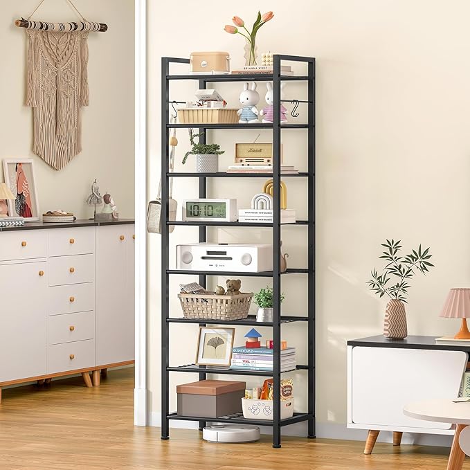 usikey 8 Tiers Narrow Shoe Rack 16-24 Pairs, Sturdy Metal Tall Shoe Rack with 4 Hooks, Slim Shoe Storage Organizer with Metal Shelf, Space Saving Vertical Shoe Shelf for Entryway, Closets, Black-NeatNest