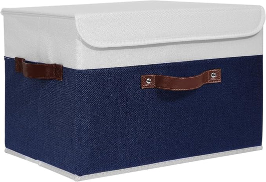 ANMINY Storage Boxes with Lids Washable Decorative Storage Bins Basket with PU Leather Handle Foldable Linen Fabric Storage Cubes Containers for Home Closet Organizer - Deep Blue White, Large Size-NeatNest