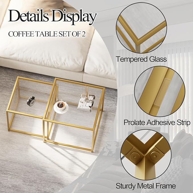 Glass Coffee Table Gold,Nesting Tables Set of 2, Minimalist Coffee Side End Tables for Small Spaces, Sofa Side Tea Coffee Table with Metal Frame for Home, Office, Space-Saving