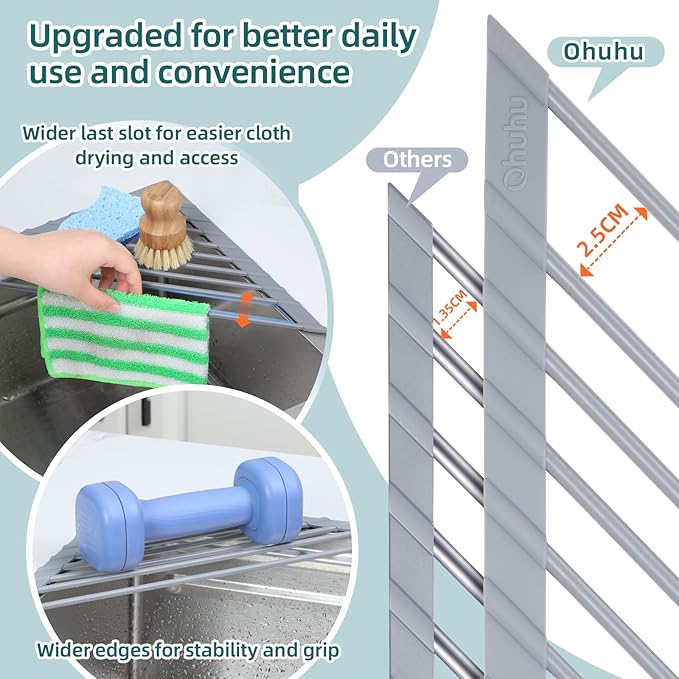 Ohuhu Triangle Roll Up Dish Drying Rack, Anti-Slip Organizer for Kitchen Sink Drying Rack with Full Silicone Wrapped for Top of Sink Coner Grey