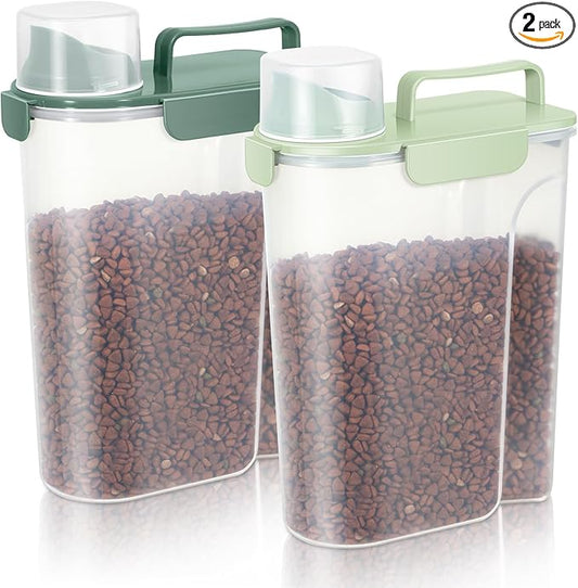 Dog Food Storage Container, Upgraded Large Nozzle BPA-free, 8-12 LBS Plastic Pet Food Storage Containers, With 4 Sealed Clasps, 1 Measuring Cup and Handle (2, Green+Dark Green, 5L)-NeatNest