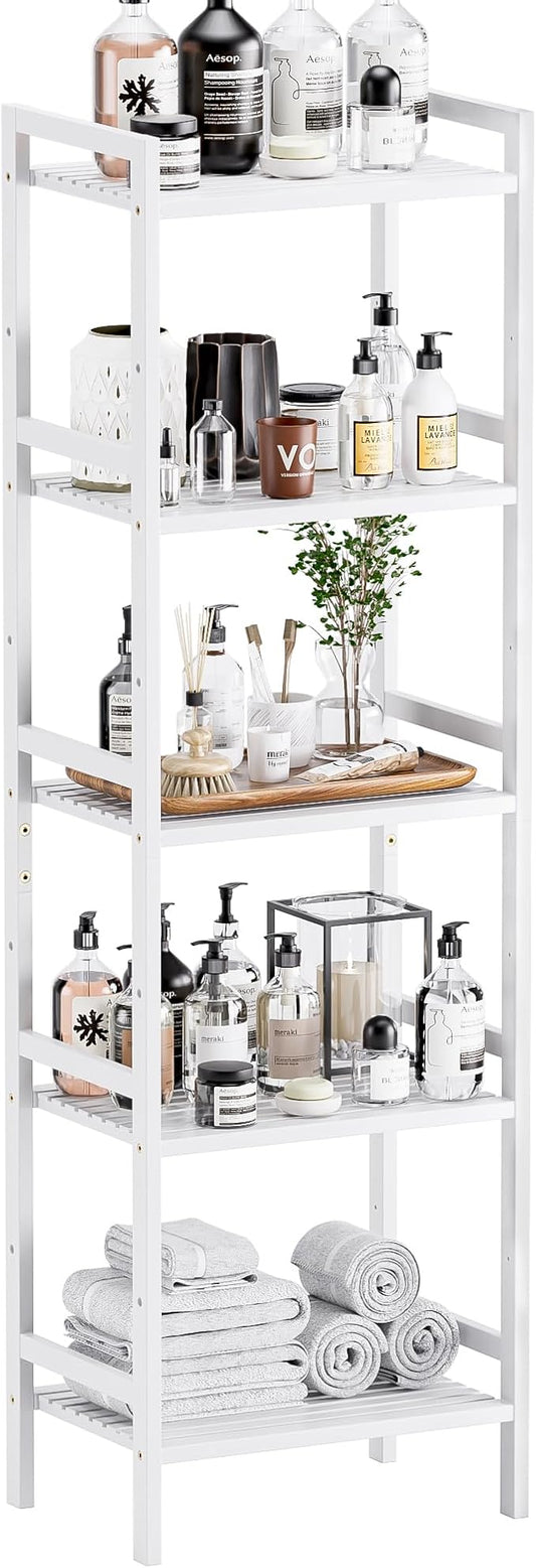 HITNET 5 Tier Bamboo Shelf, Tall Narrow Bookcase, Freestanding Bathroom Storage Unit with Adjustable Shelves, Modern Display Standing Bookshelf for Living Room, Bedroom, Home Office, White