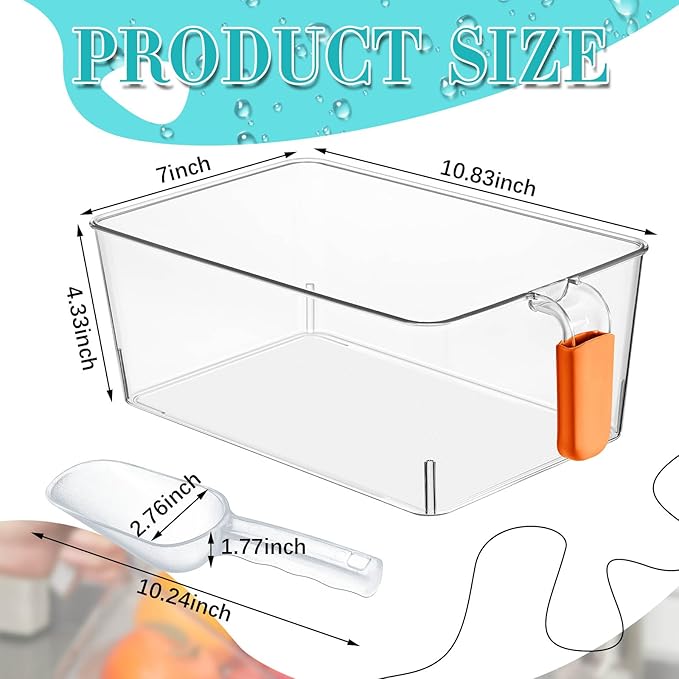Havawish 2 Set Ice Bin and Flexible Scoop Set Plastic Freezer Ice Bin with Pull out Handle Clear Storage Bucket for Container with Bucket Scoop(Orange,10.83 x 7 x 4.33 in)