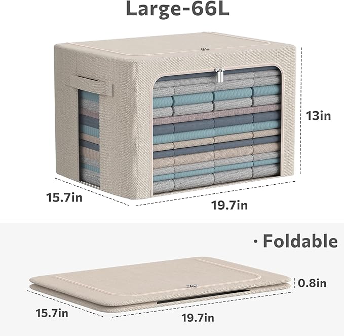3Pack Foldable Storage Bins - Frame Storage Box Linen Fabric Stackable Clothes Container Organizer with Clear Window & Carry Handles Large Capacity (Large-66L, Beige)-NeatNest